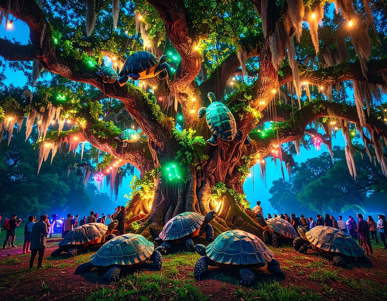 A live oak woven with glowing technology, people and turtles gathered beneath it