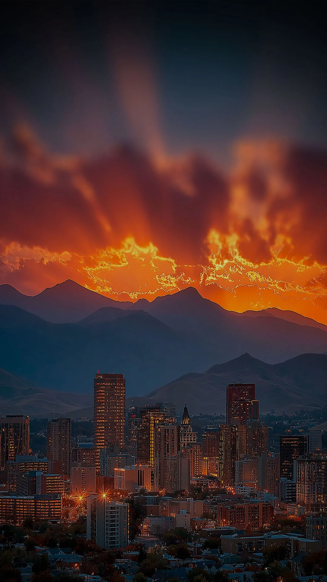Sunset over a city skyline with tall buildings and mountains in the background, illuminated by fiery orange and red skies.
