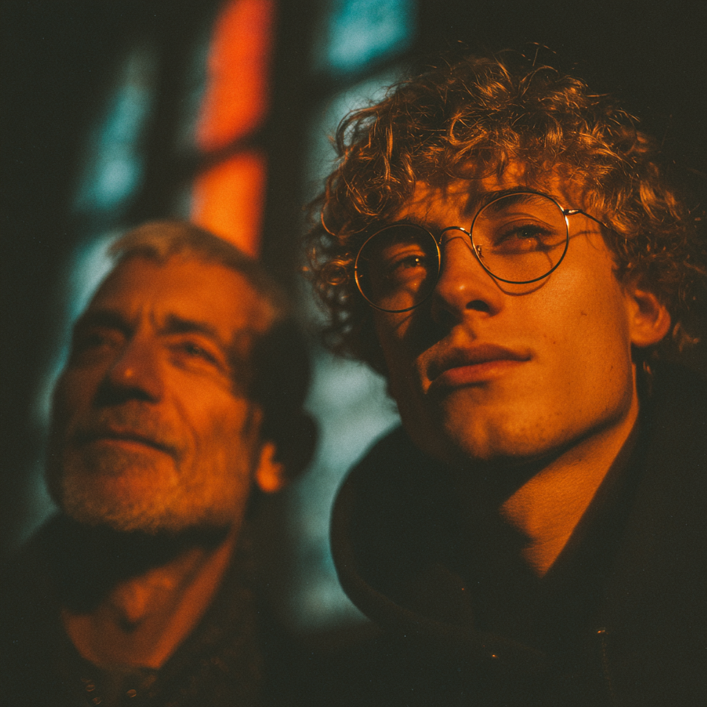 young man and his father in church