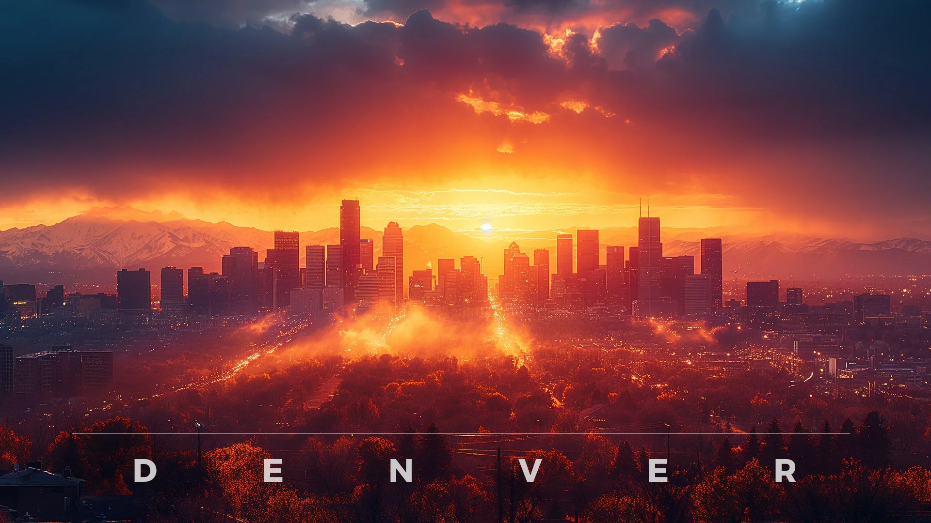 A city skyline during a dramatic sunset with vibrant orange and red colors, dark clouds overhead, and mountains in the background, with the word 'Denver' partially visible at the bottom.