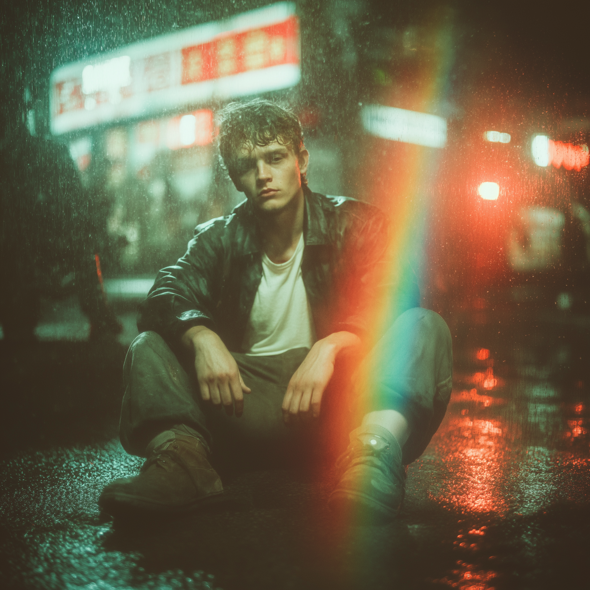 A person with curly hair sits in the rain at night under streetlights, with colorful rainbow light reflections on the wet pavement and rain, creating a moody, atmospheric scene.
