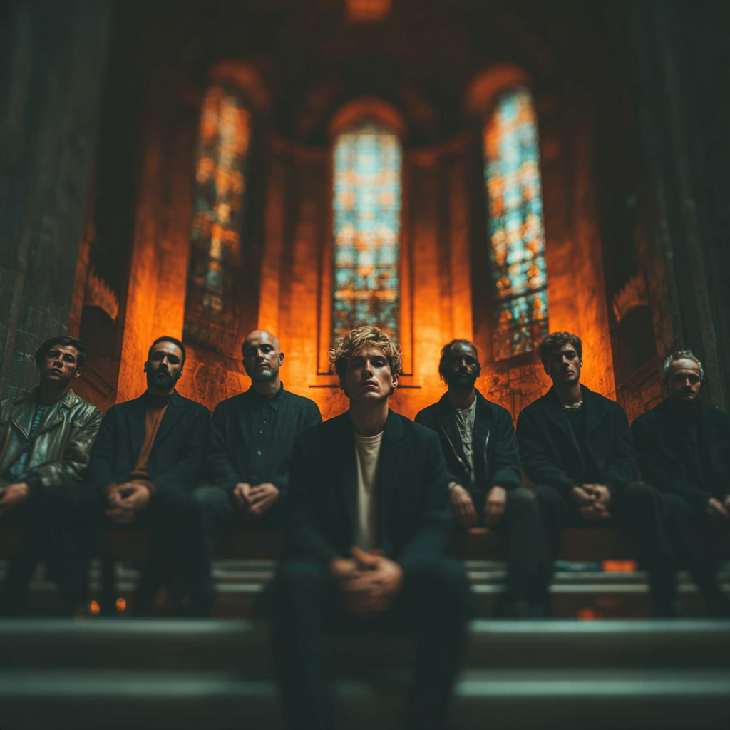 team poses near altar in church