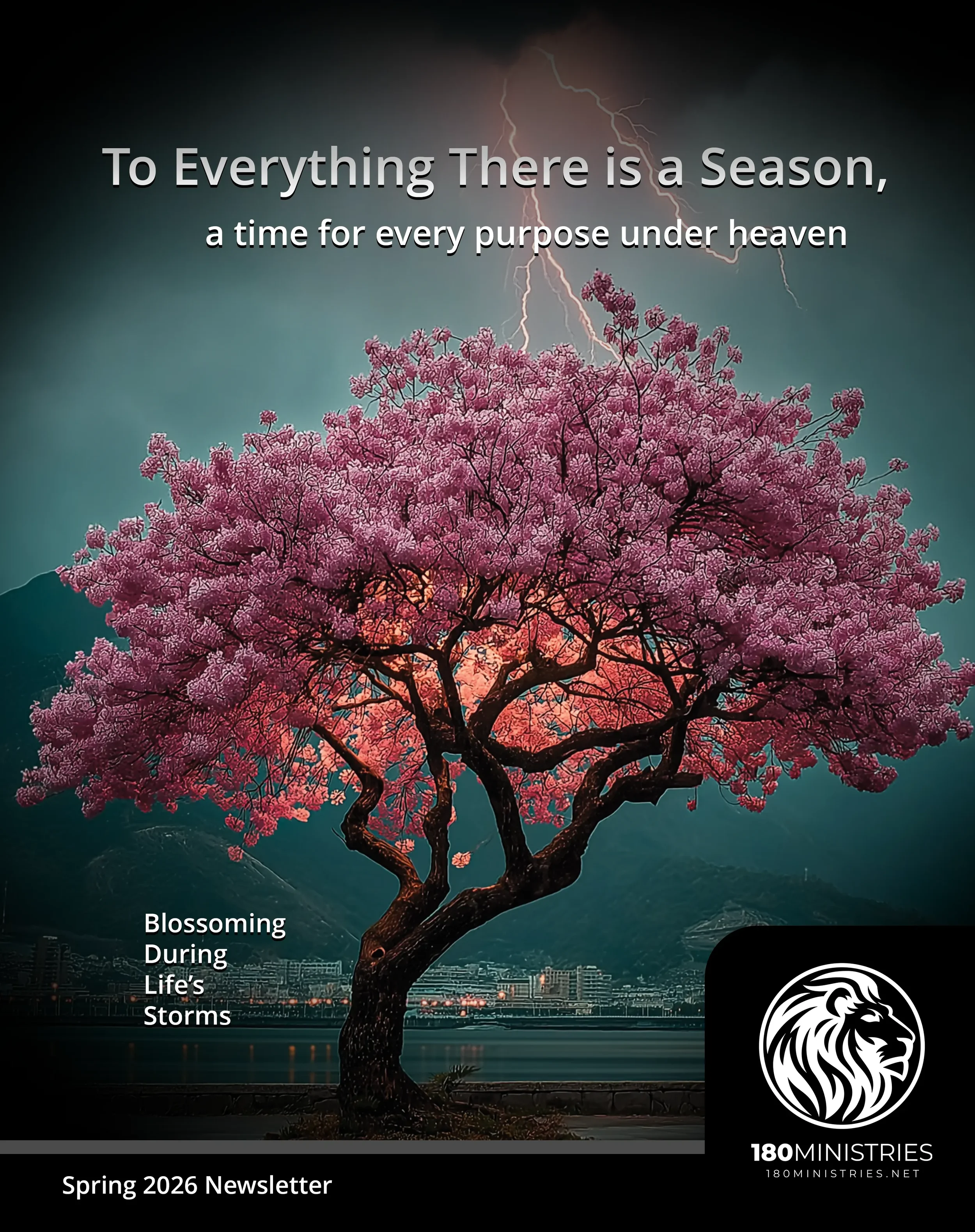 Pink flowering tree with lightning in the sky and cityscape in the background, promotional graphic for 180 Ministries Spring 2026 newsletter.