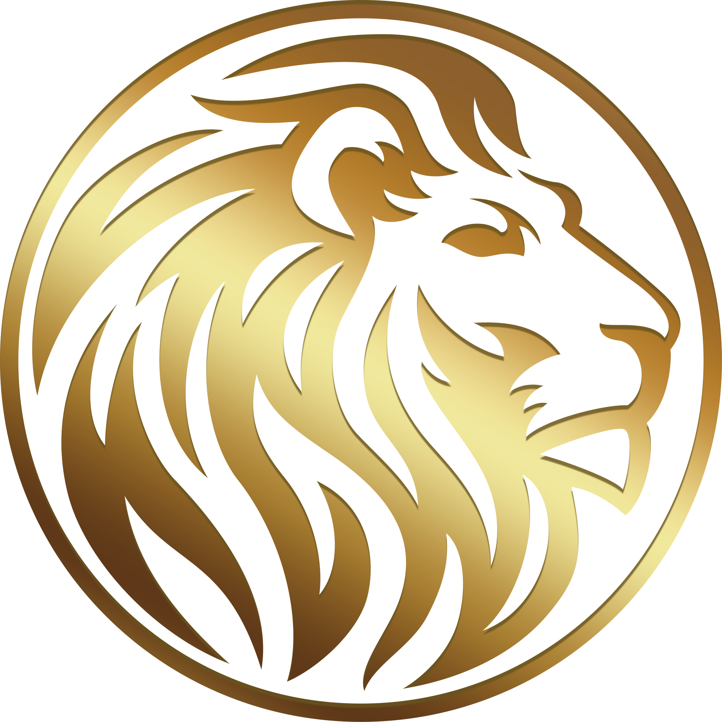Gold-colored spiral object resembling a stylized lion's head with flowing mane.
