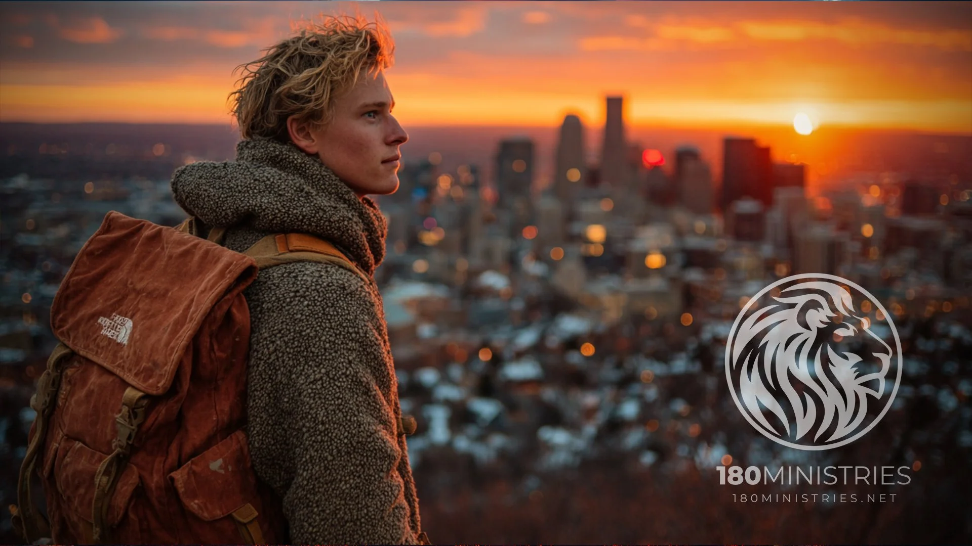A young man with Blond hair wearing a thick coat and carrying a backpack, standing on a high vantage point overlooking a city at sunset.