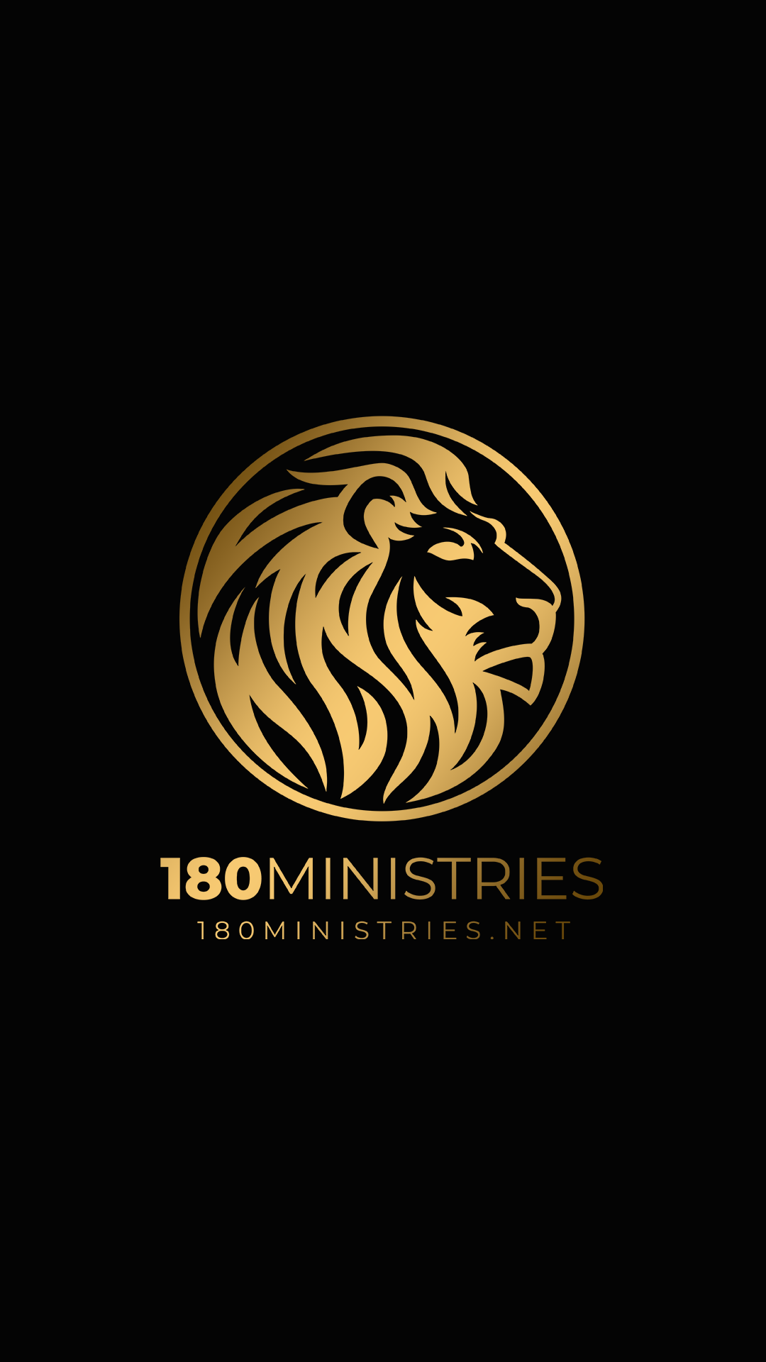 Black background with a gold lion logo above the text '180 Ministries' and their website '180ministries.net'.