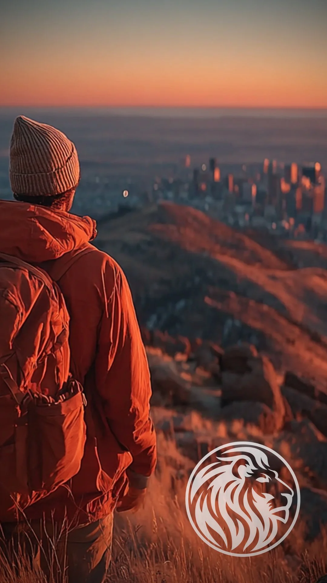 A person wearing a beanie and a backpack standing on a mountain during sunset, overlooking a city skyline with tall buildings in the distance.