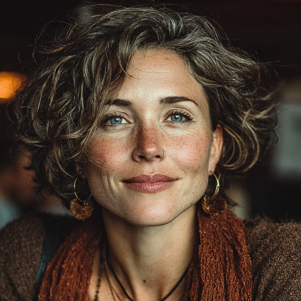 Close-up of a woman with curly hair, blue eyes, wearing earrings, a nose ring, and a brown sweater, smiling softly.