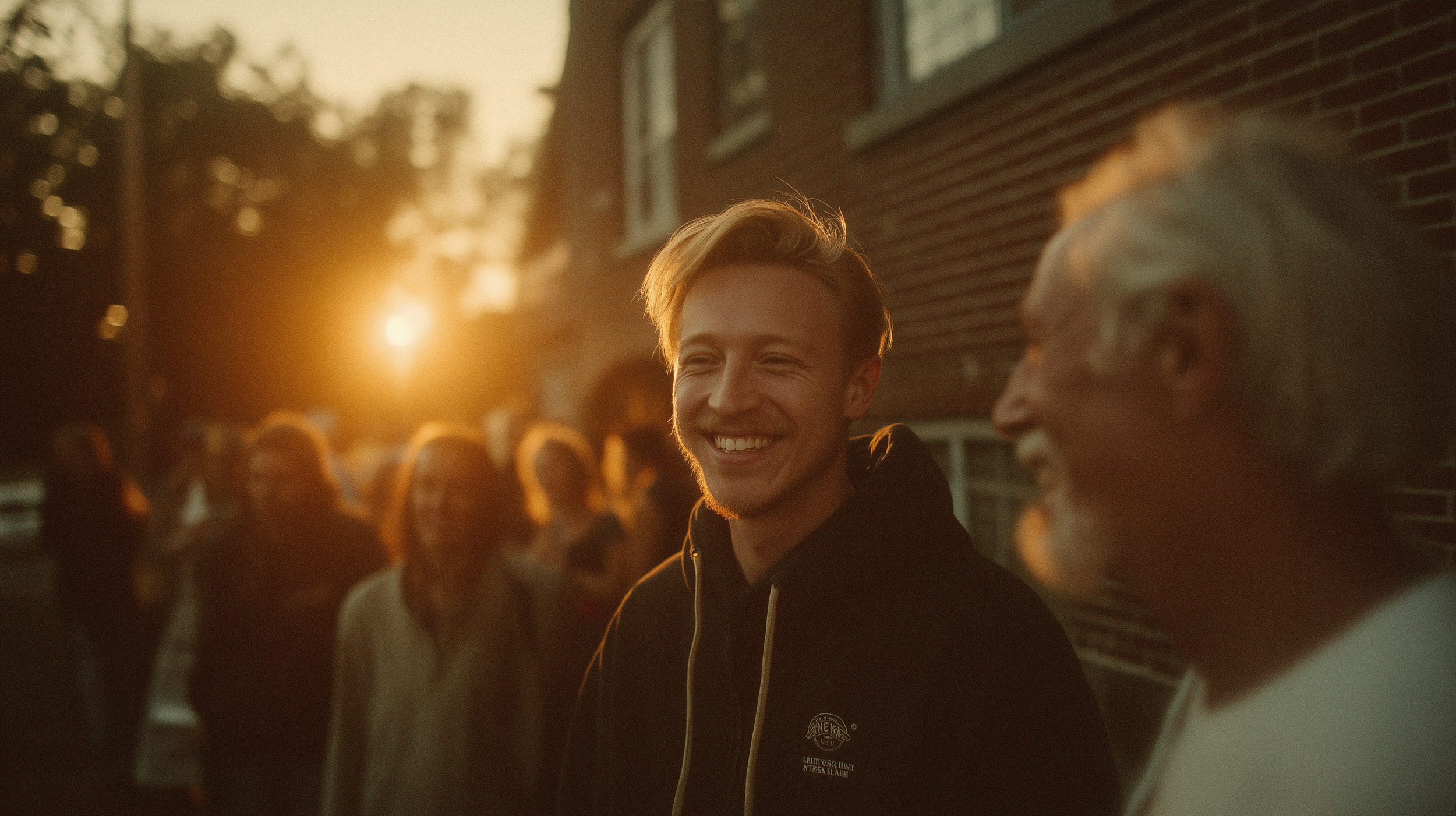 People gathered outdoors during sunset, smiling and chatting, with a brick building in the background.