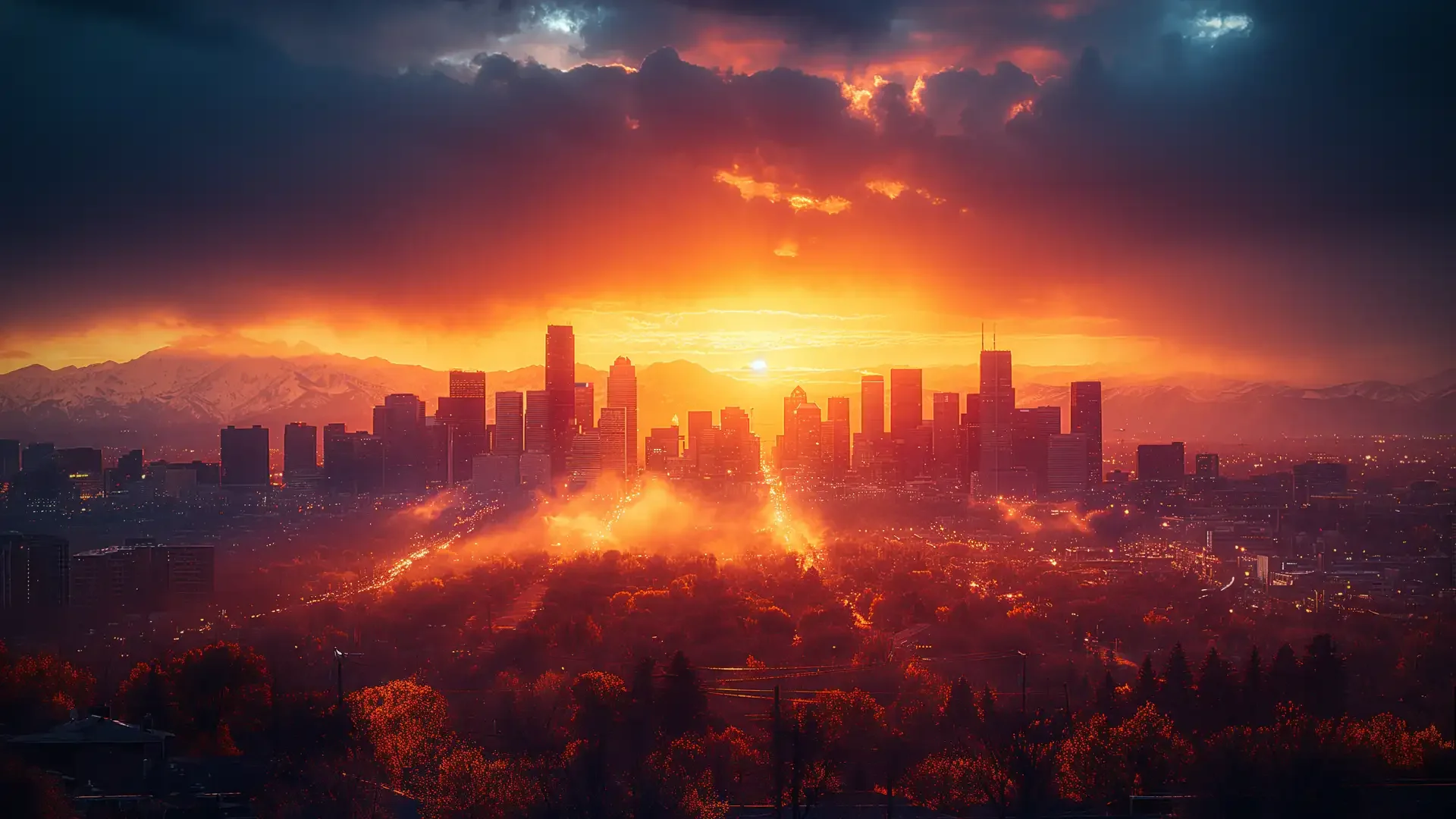 golden sunshine rising through city of Denver