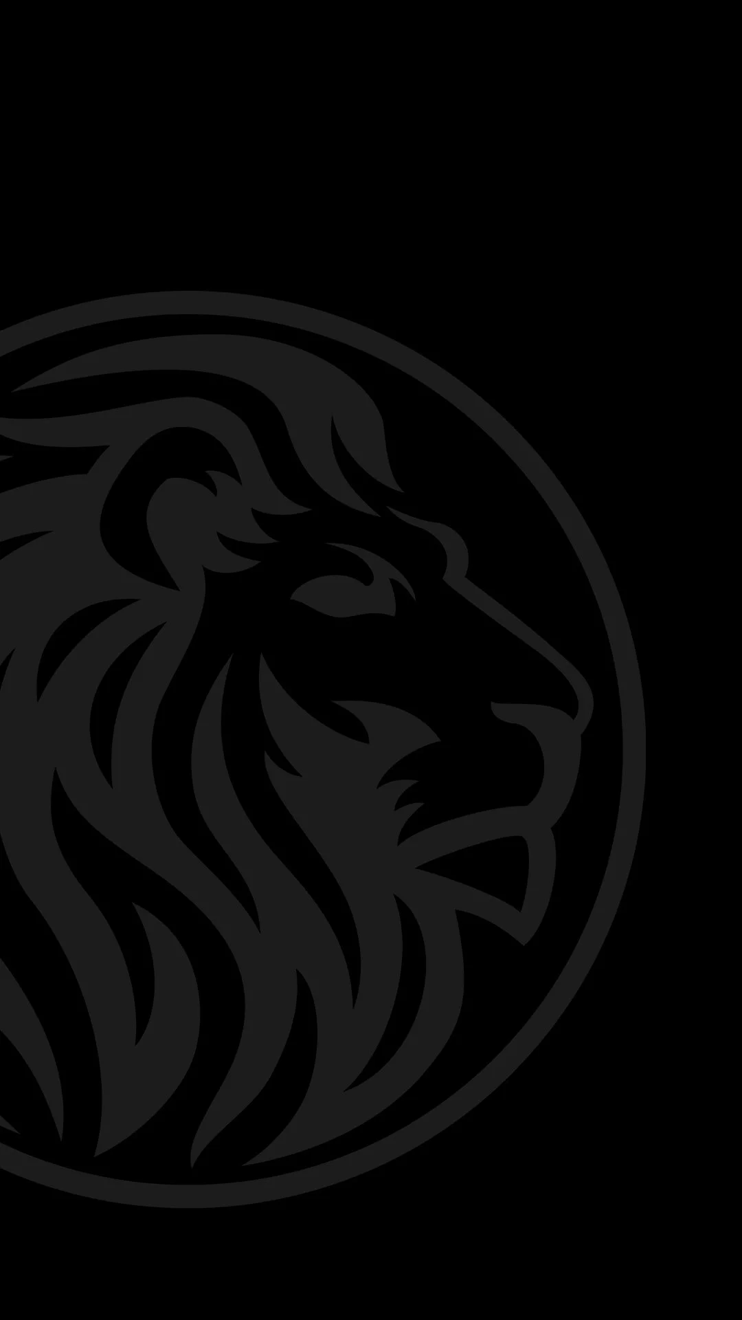 A black background with a dark, stylized lion's head logo in the bottom left corner.