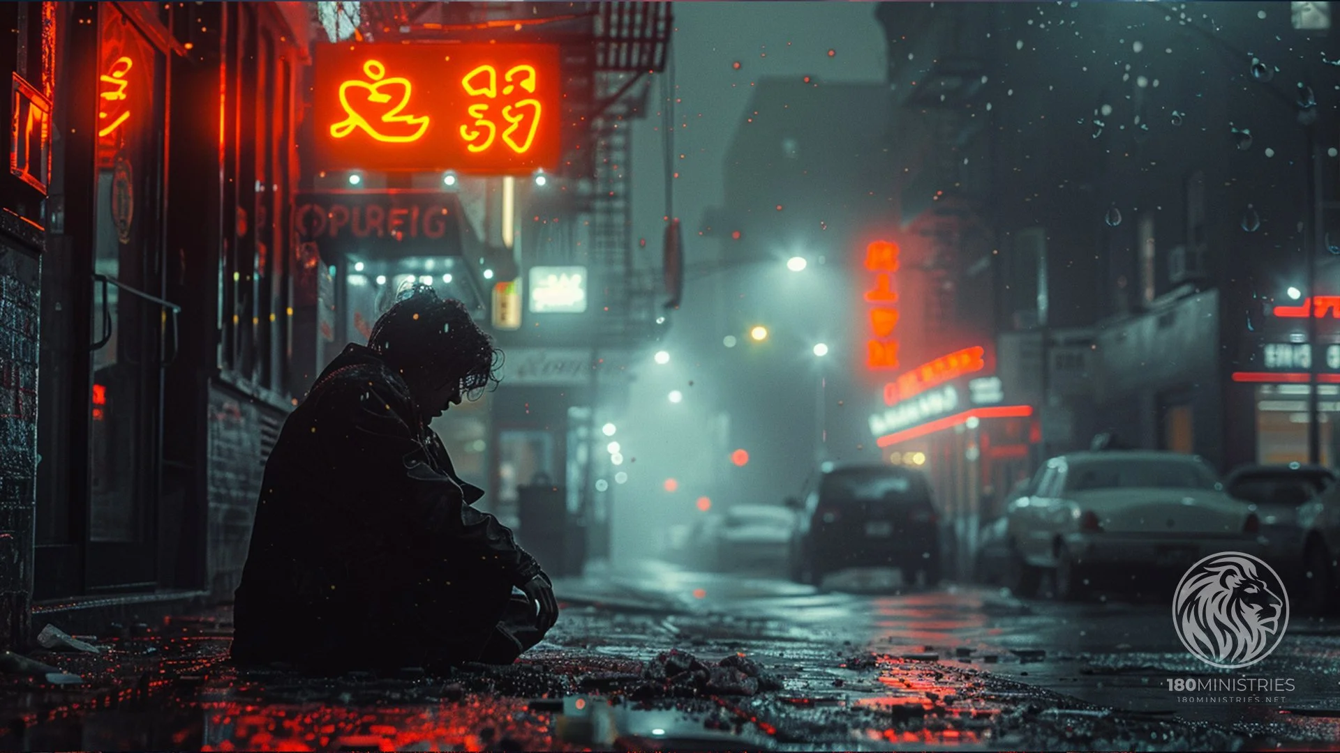 A silhouette of a person sitting on the wet street under neon signs on a rainy night in an urban setting.