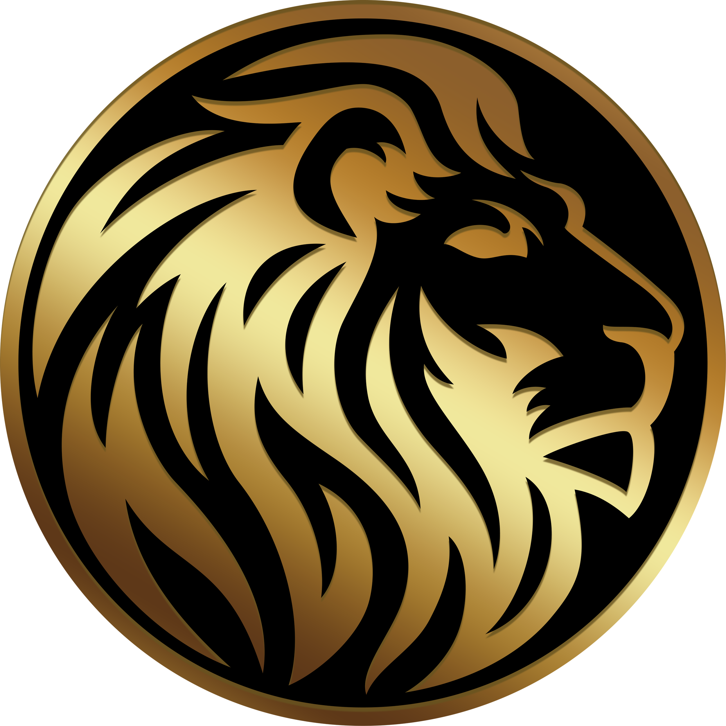 Gold and black stylized lion's head logo with a circular background.