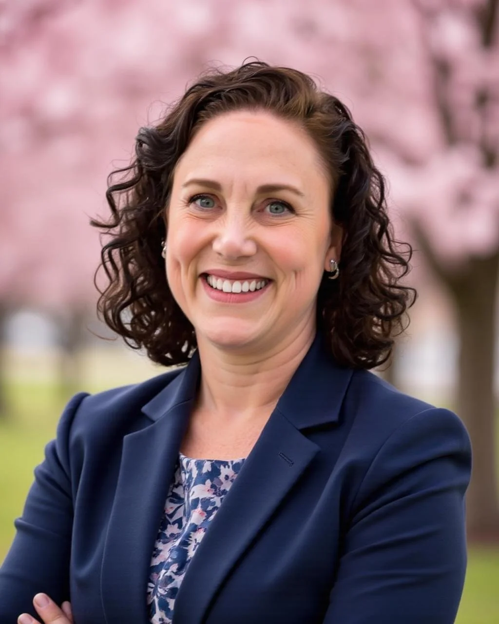 Amy Leis, PhD, CFP. Financial advisor with dark, curly hair and blue eyes smiling outdoors in front of pink cherry blossom trees, wearing a navy blazer and floral blouse.