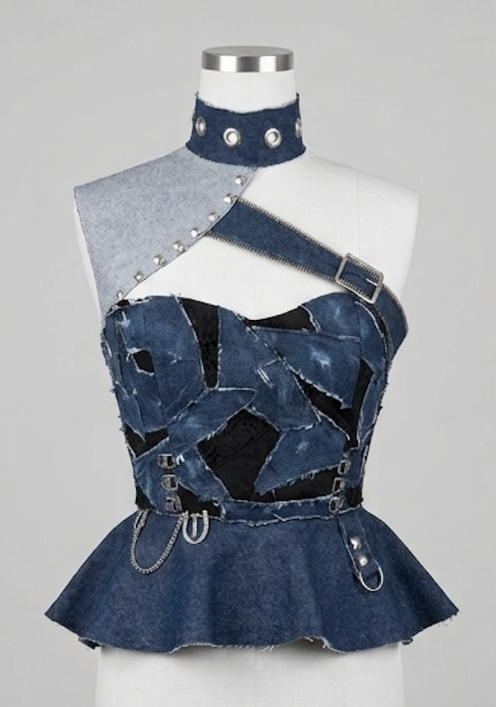 DISTRESSED DOMINATRIX BUSTIER – A structured denim corset with snake-print satin and patchwork detailing. Features an asymmetrical hi-lo peplum, draped buckle accents, and exposed back zipper.