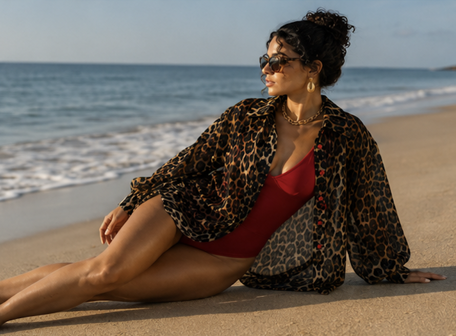 LEOPARD BEACH SHIRT: A sheer leopard-print cover-up featuring oversized sleeves, a relaxed silhouette, and striking vintage-inspired red buttons. Designed to be worn open or tied at the waist.