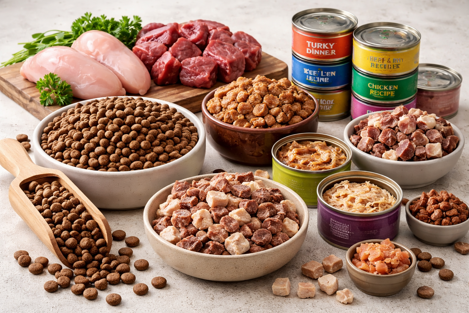 An assortment of raw meats, canned dog food, and dry dog kibble arranged on a white surface. Includes chicken breasts, beef chunks, canned labeled varieties, and bowls of dog food.