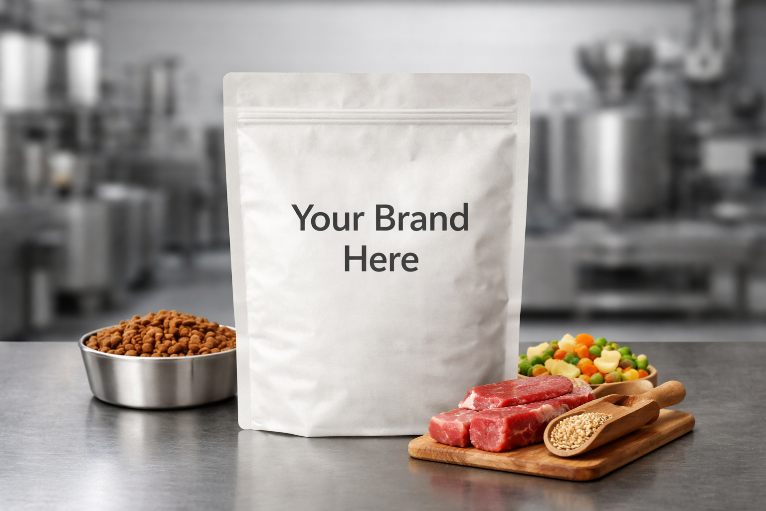 Blank white food packaging bag with text "Your Brand Here" on a stainless steel countertop, next to raw meat, a bowl of dried pet food, a bowl of mixed vegetables, and a wooden scoop of sesame seeds in a professional kitchen setting.