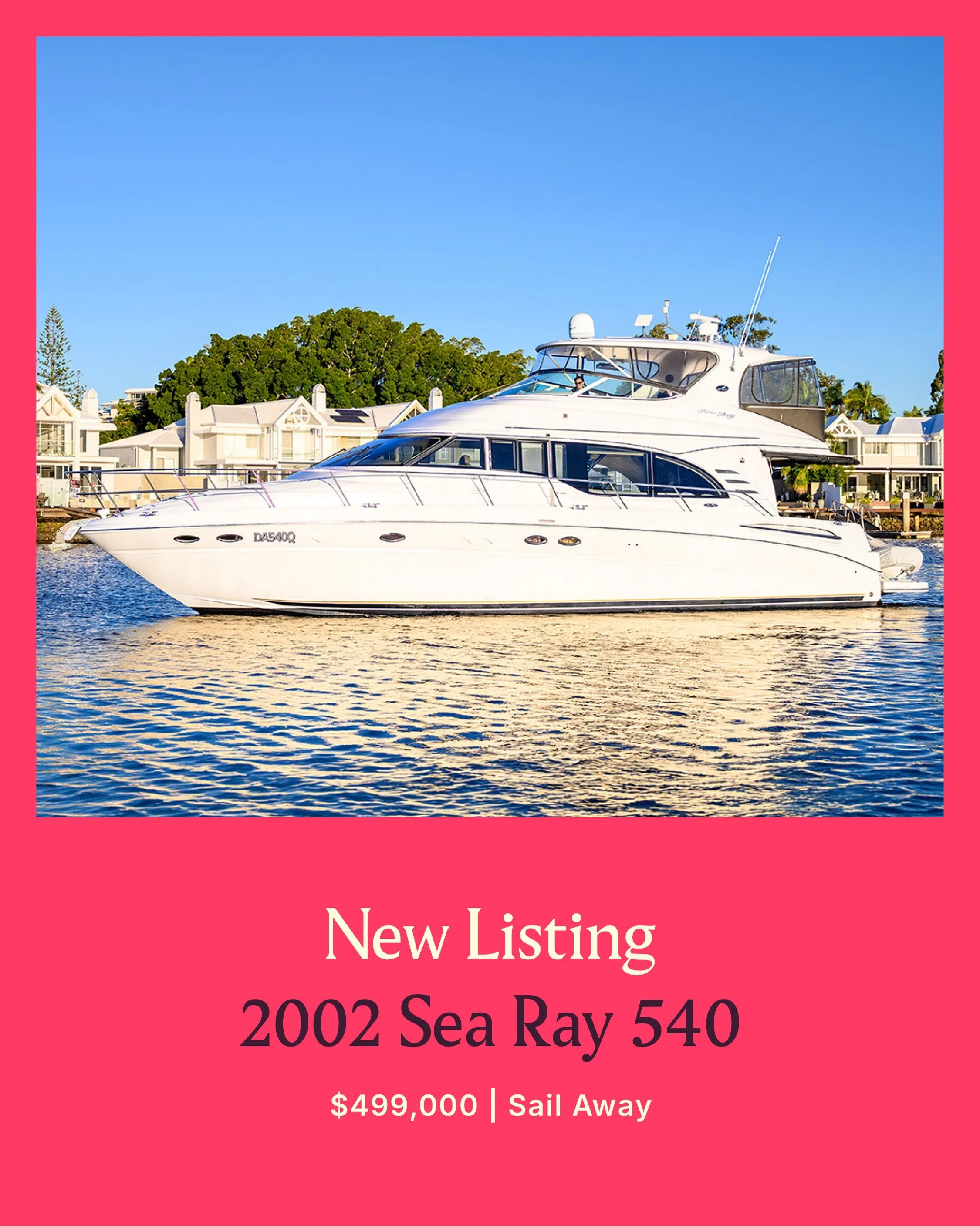NEW LISTING | 2002 SEA RAY 540 COCKPIT

Welcome aboard this exceptional family-suited SeaRay 540, offering a superb blend of luxury and practicality for effortless coastal cruising. Designed for seamless indoor-outdoor living, it features a spacious 