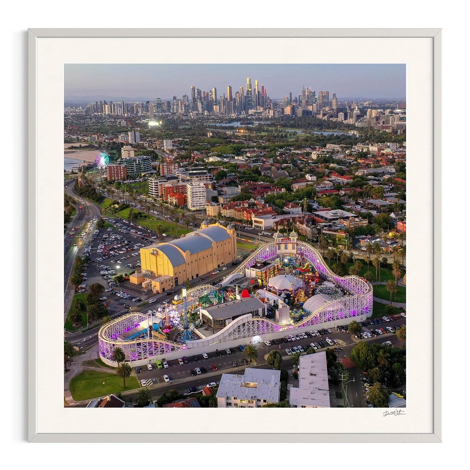 Dusk Over Luna Park by Dani Watson shown in a white frame, a signed limited-edition fine art photography print from IRID Gallery