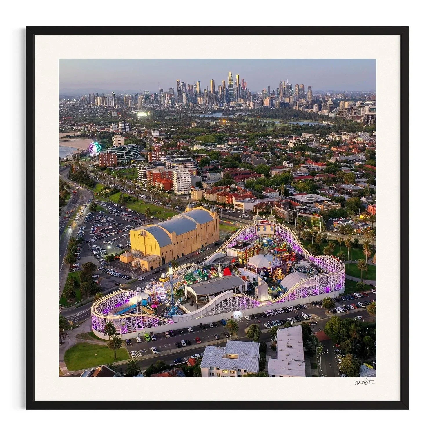 Dusk Over Luna Park by Dani Watson shown in a black frame, a signed limited-edition fine art photography print from IRID Gallery