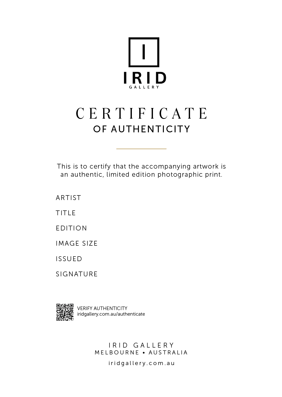 Certificate of authenticity from Irid Gallery in Melbourne, Australia, with spaces for artist, title, edition, image size, issued date, and signature, including a QR code for verification.