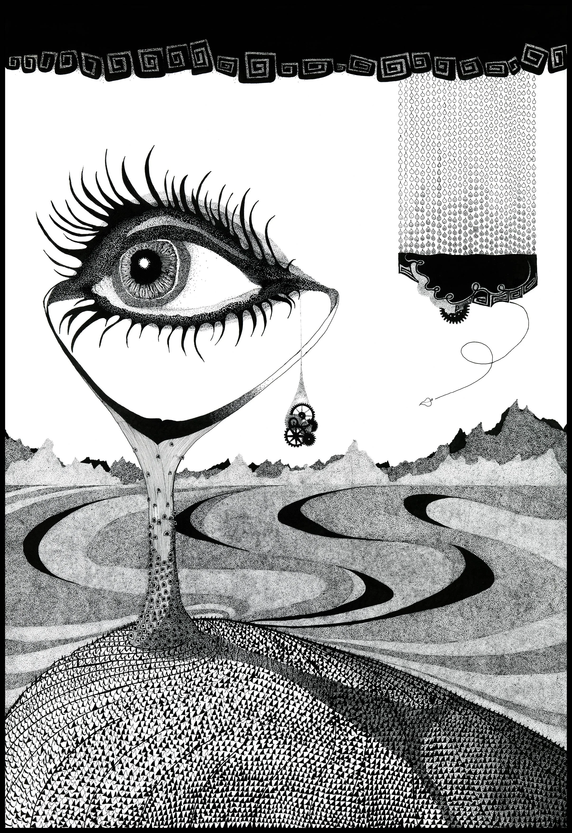 A surreal black and white drawing featuring a large eye with detailed eyelashes and reflections in the iris, blending into a tree trunk that extends downward. There are additional smaller mechanical gears hanging from the eye, and abstract mountainous landscape in the background.