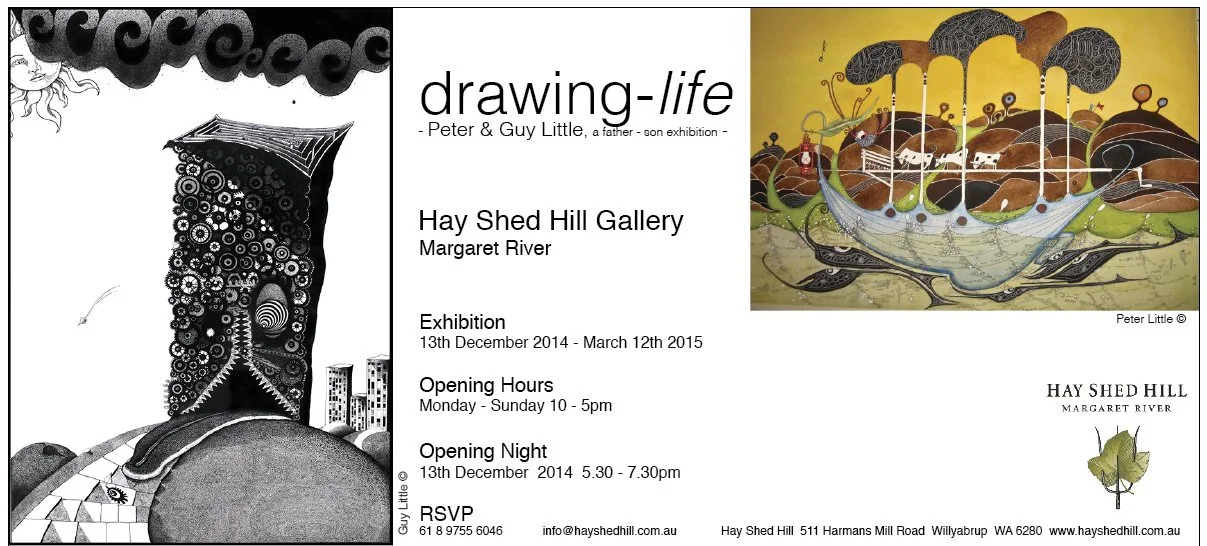 A combined exhibition invitation for 'drawing-life' by Peter and Guy Little at Hay Shed Hill Gallery, showing a black and white abstract drawing on the left and colorful abstract artwork on the right, with event details.