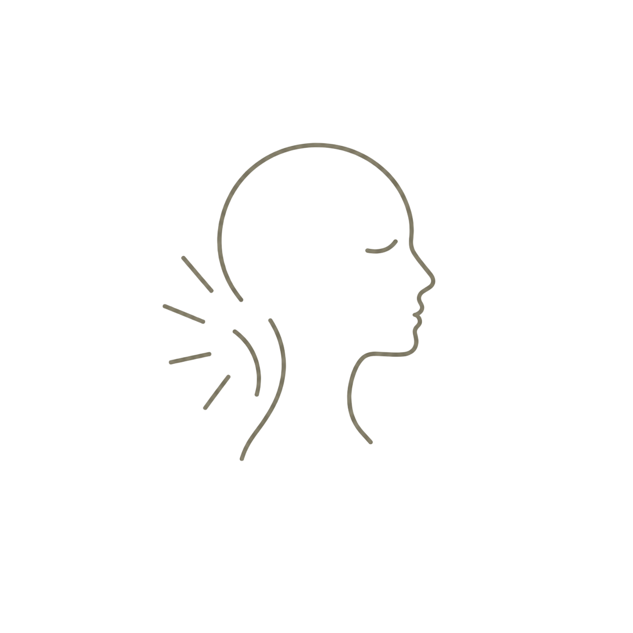 A minimalist neon-style outline of a woman's face in profile with lines radiating from the back of her head.