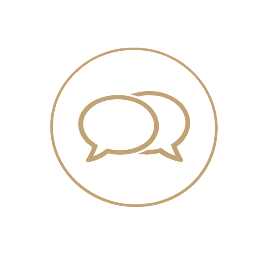 Icon of two speech bubbles inside a circle on a black background.