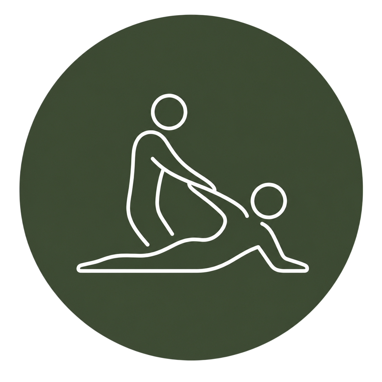 Neon light sign depicting a person helping another person do the splits, with one person on the ground and the other supporting them.