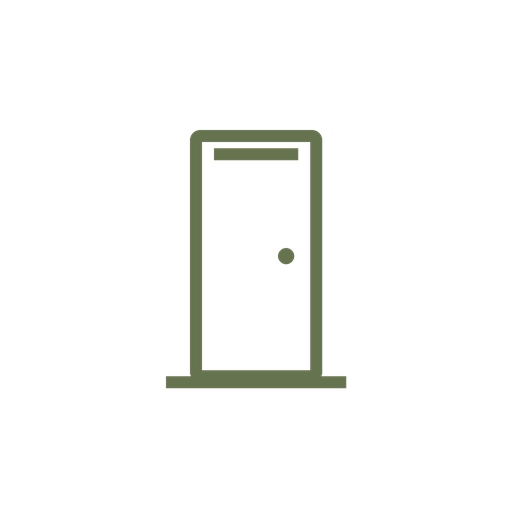 Outline of a door with a doorknob on a black background.
