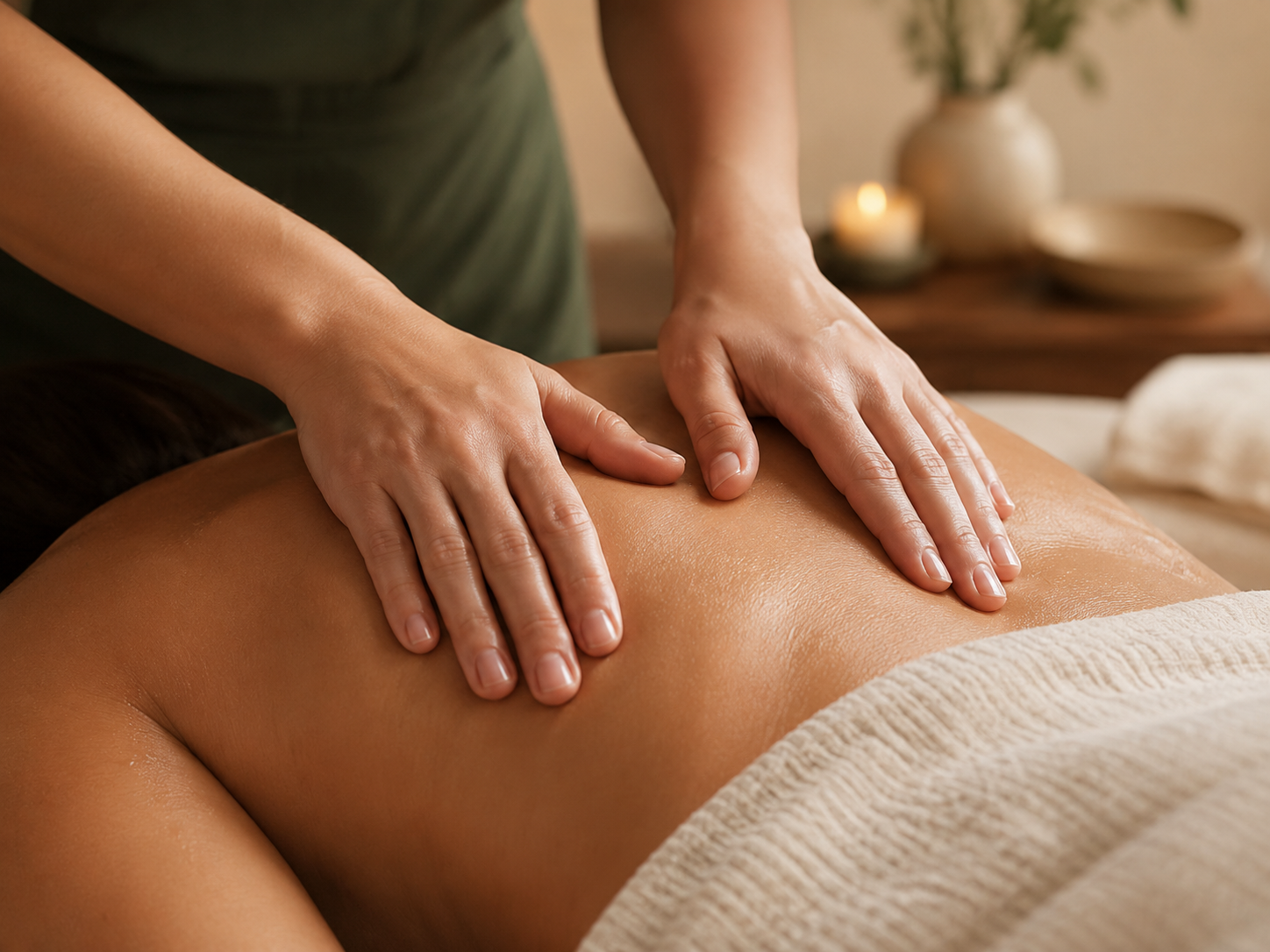 A person receiving a back massage in a spa or massage therapy setting with warm lighting and relaxing decor in the background.