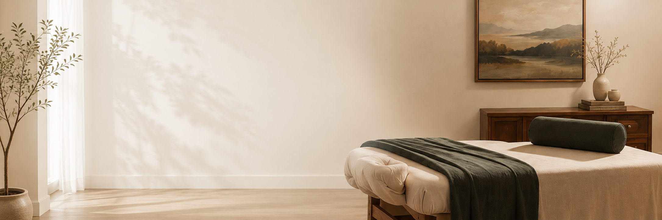 A bedroom with beige walls, a wooden dresser with vases and books, a framed landscape painting, a potted plant, and a bed with white bedding, a dark green bolster pillow, and a matching throw.