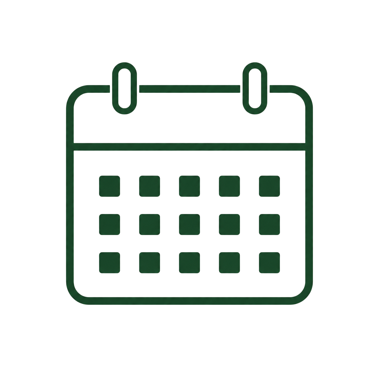 Illustration of a black and white calendar icon with a grid of squares, set against a dark green background.