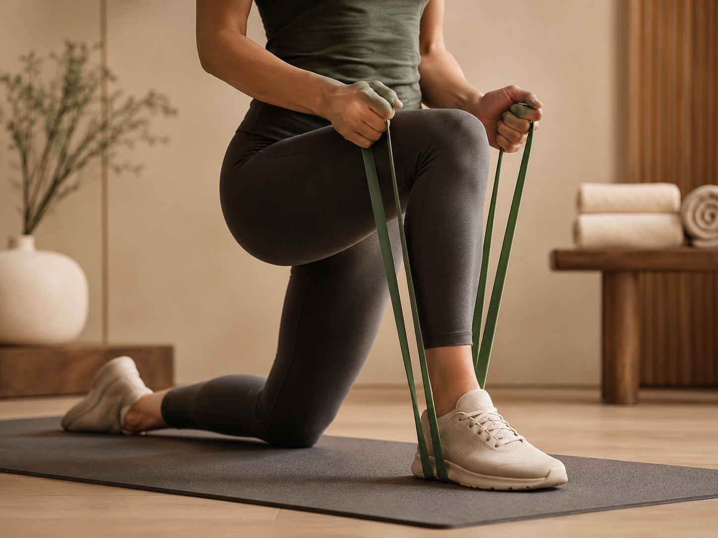 A person exercising at home with resistance bands, kneeling on one knee on a yoga mat, in a cozy room with wooden furniture and potted plant.