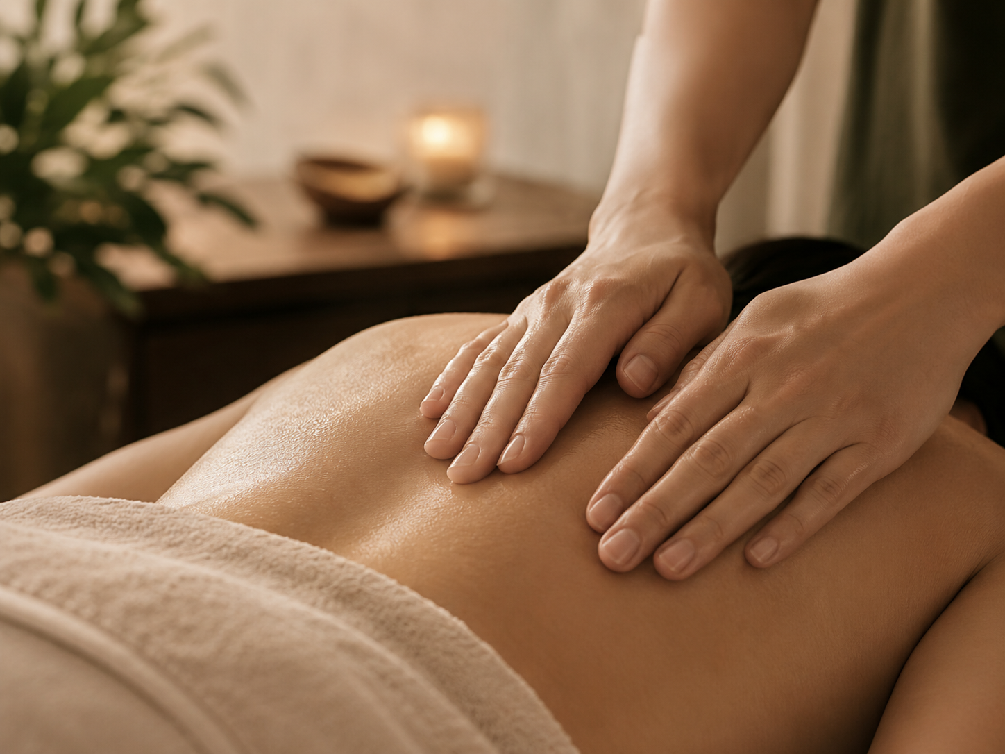 Person receiving a massage on their back in a spa or massage room with candles and plants in the background.