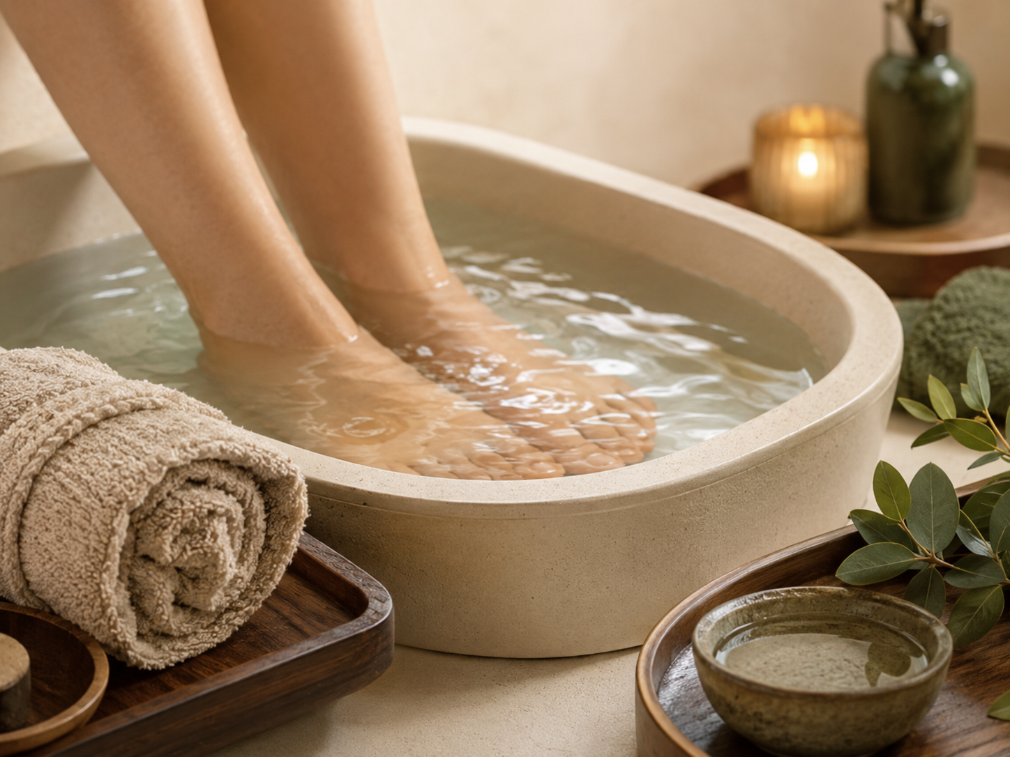 Person soaking feet in a foot bath with towels, herbal leaves, and a candle in a spa setting.