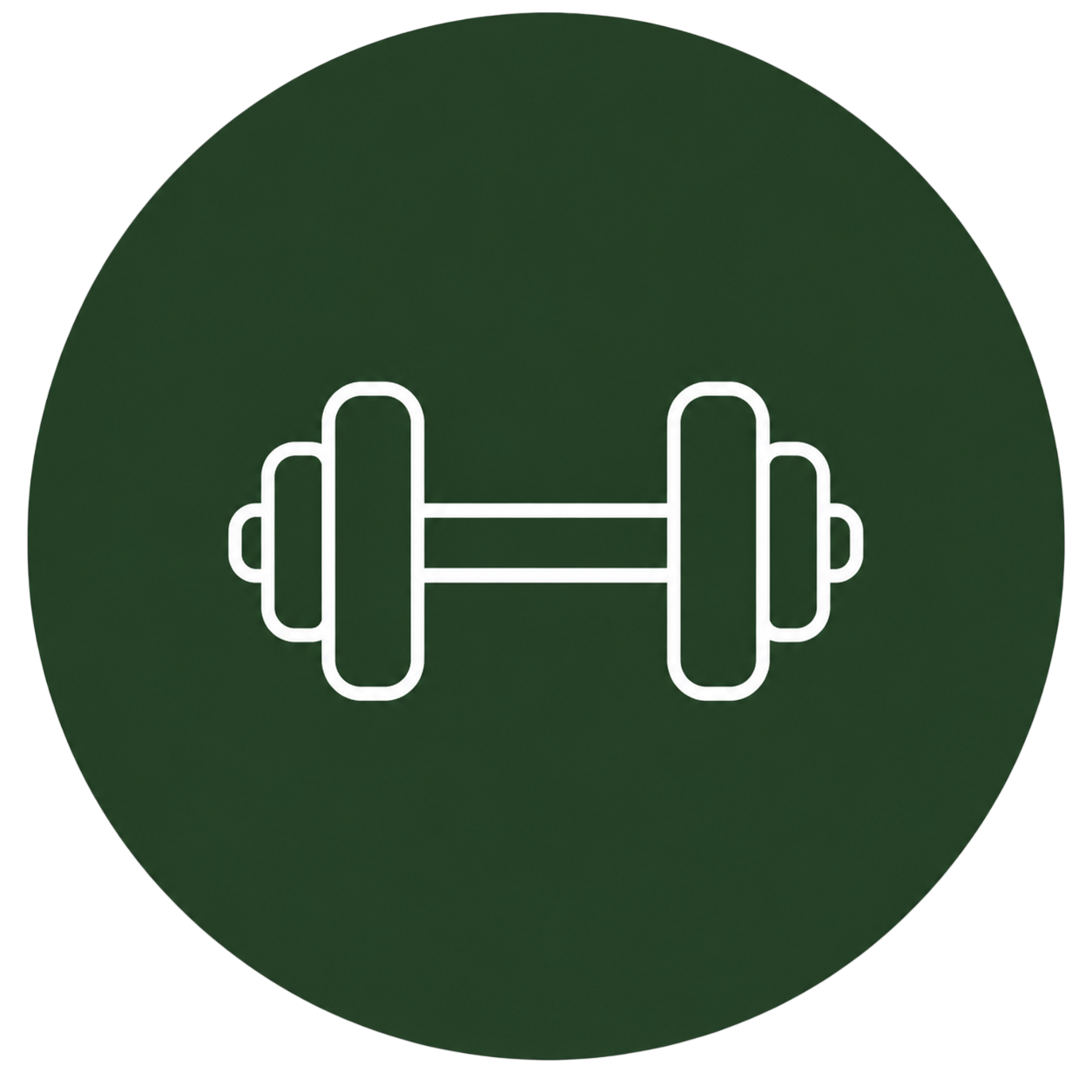 Icon of a white dumbbell on a dark green circular background.