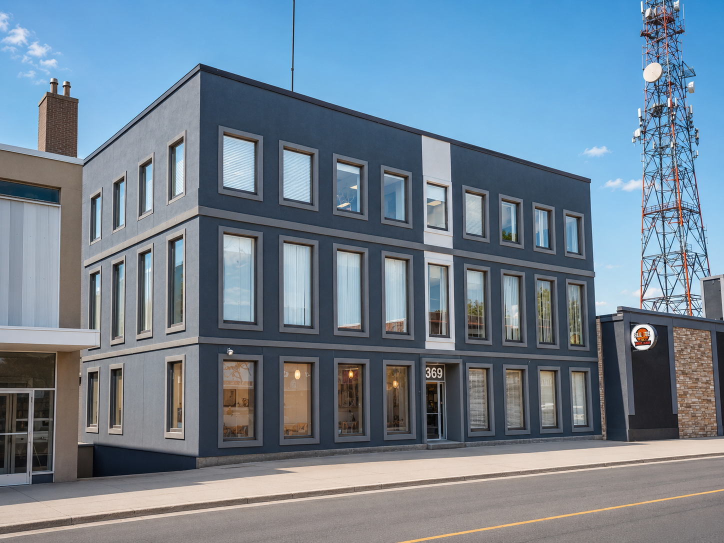 Modern, three-story blue building with large windows and a circular entrance door, situated on a city street with a telecommunications tower in the background.