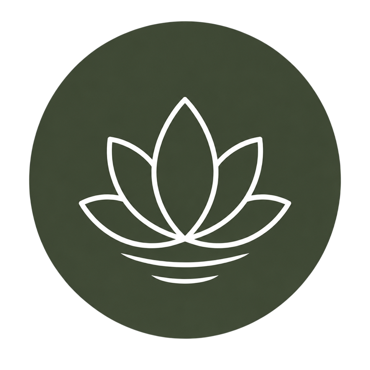 A logo of a stylized white lotus flower on a dark green circular background.