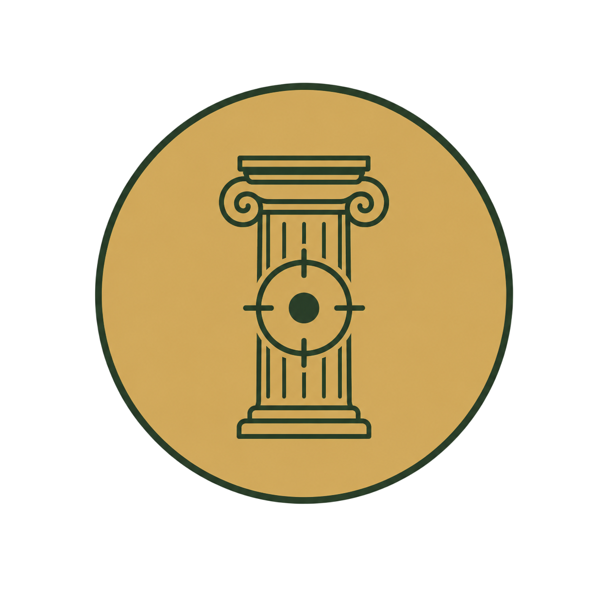 Outline drawing of a classical Greek or Roman column with a target symbol in the center, on a yellow background with pink and bright green geometric shapes.