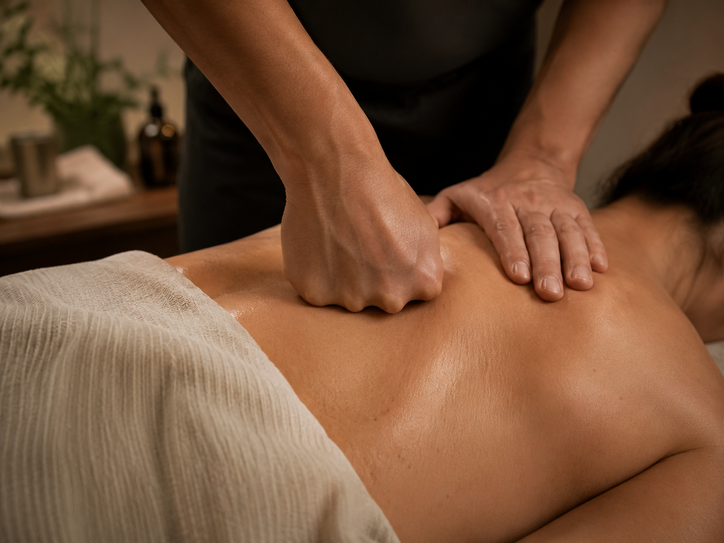 Person receiving a back massage in a spa or massage therapy room.
