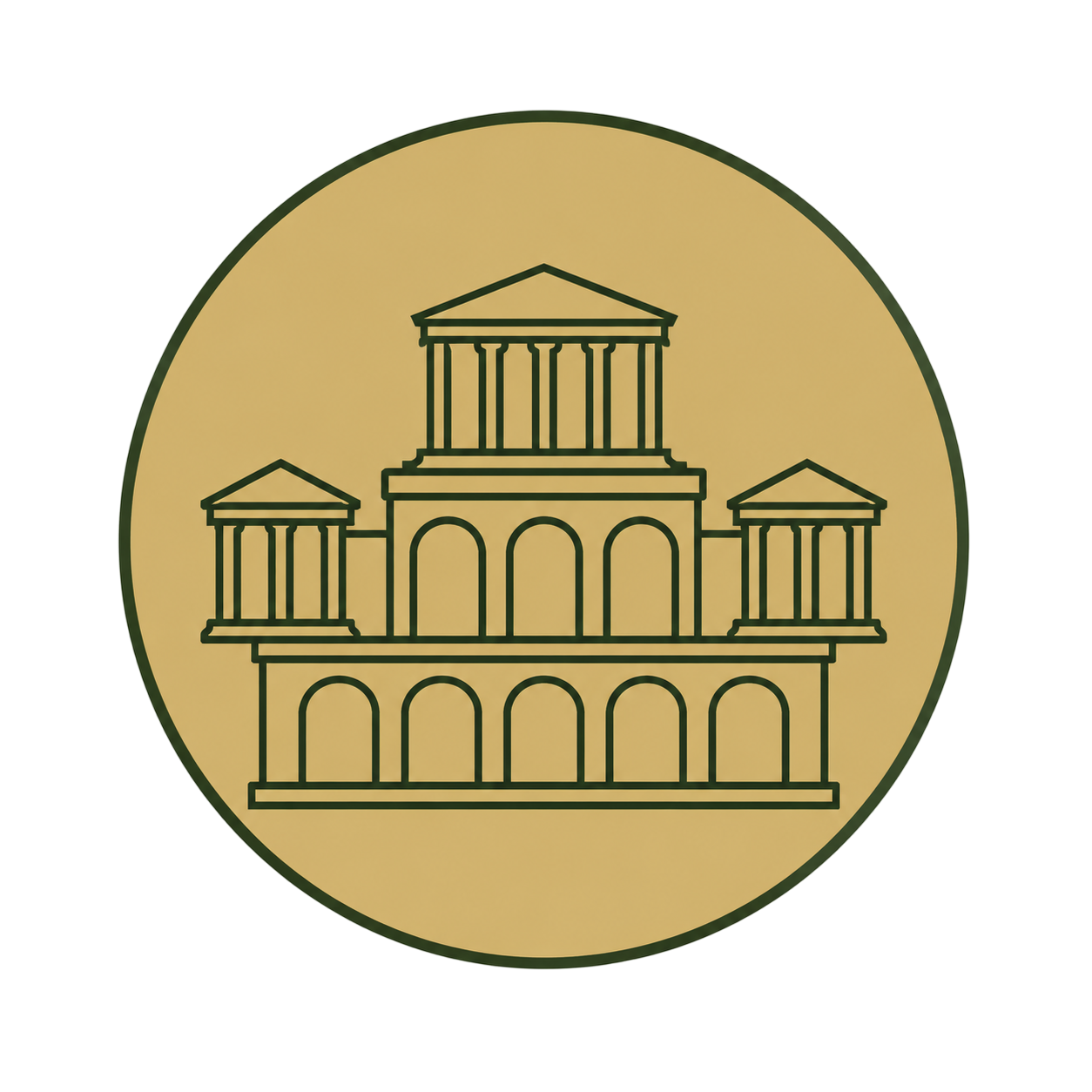 A gold-colored circular coin with a black outline featuring an outline of a classical building with columns and multiple levels.