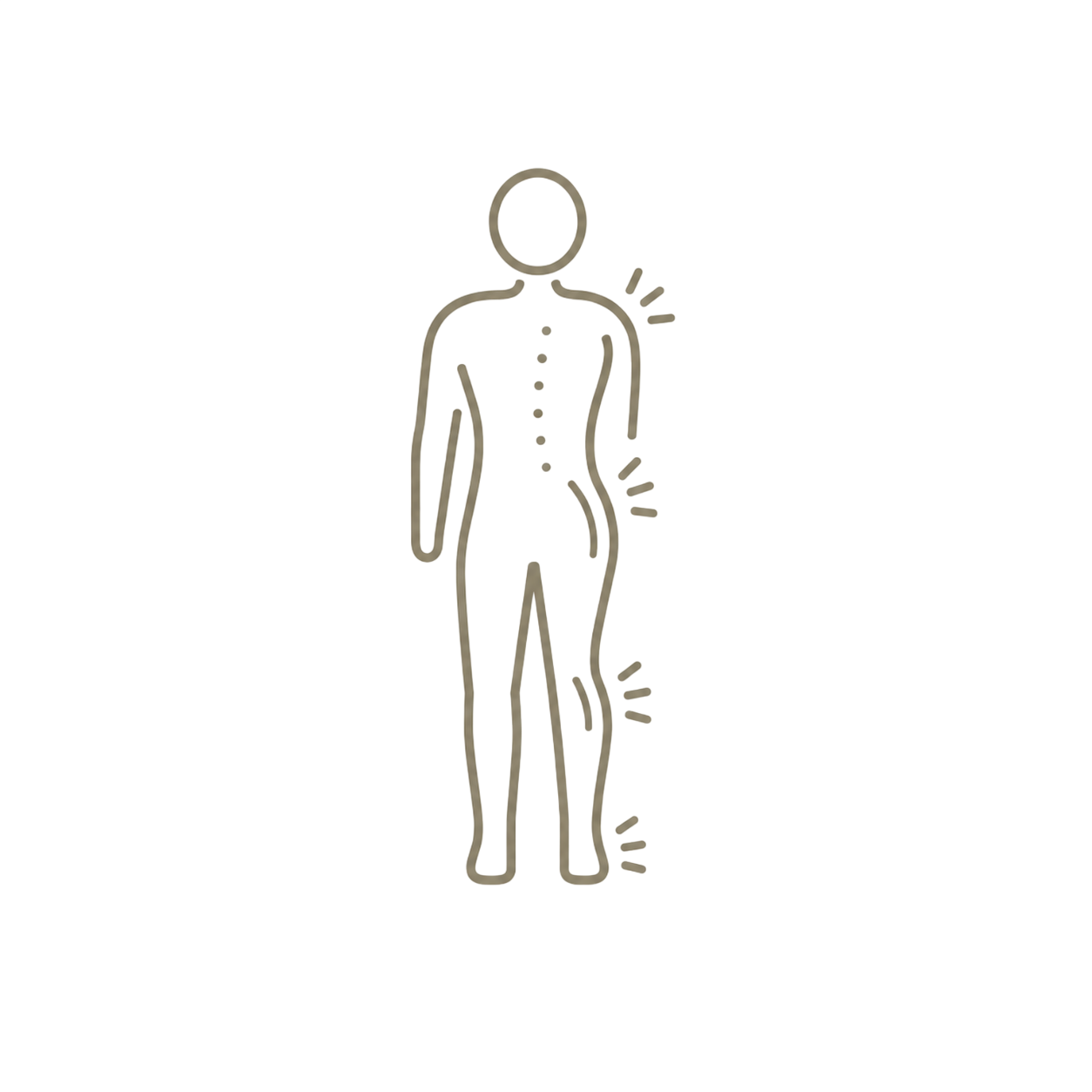Outline of a human body with shoulder pain indicated by lines and marks.
