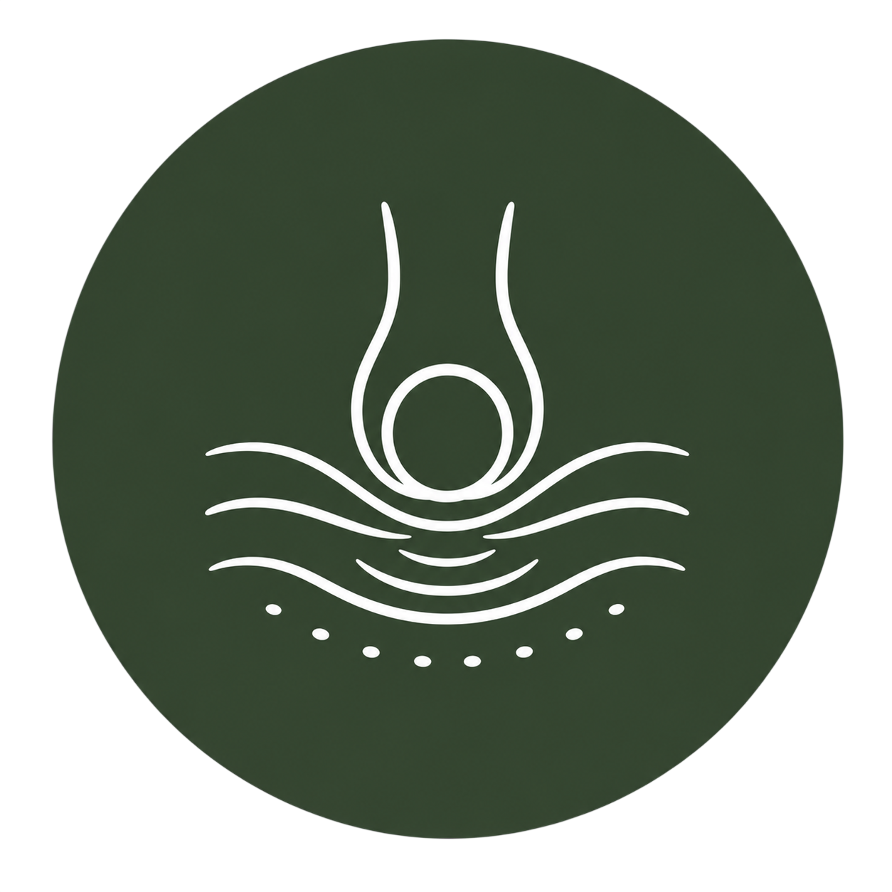 Minimalist white line drawing of a person swimming with water waves on a dark background.