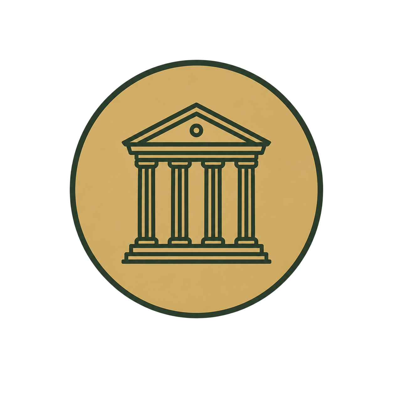 Illustration of a building with classical architecture and columns, resembling a courthouse or government building, placed on a tan circular background with a yellow, purple, and black background