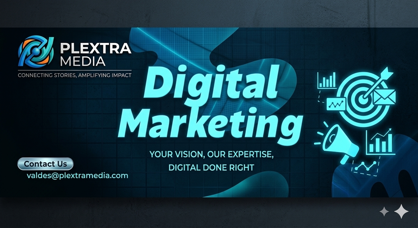 A promotional digital graphic for Plextra Media advertising digital marketing services, featuring icons of a bar chart, target, envelope, and line graphs, with contact information and tagline.