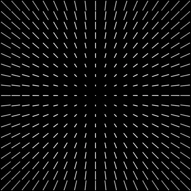 A black background with white dashed lines forming a radial pattern originating from the center, creating an optical illusion of depth or motion.