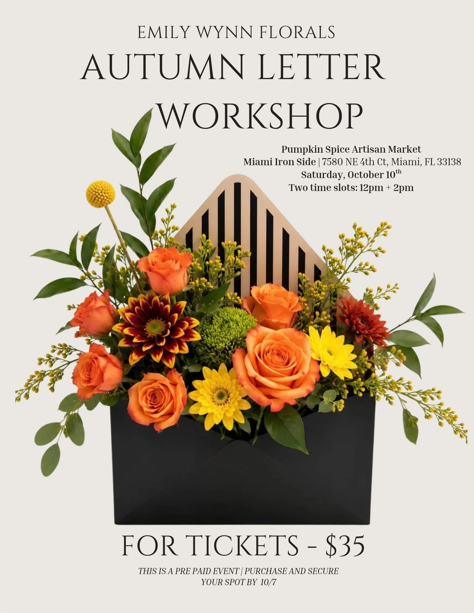 Autumn Bloom Letter Bouquet Workshop at Miami Ironside Pumpkin Spice Artisan Market